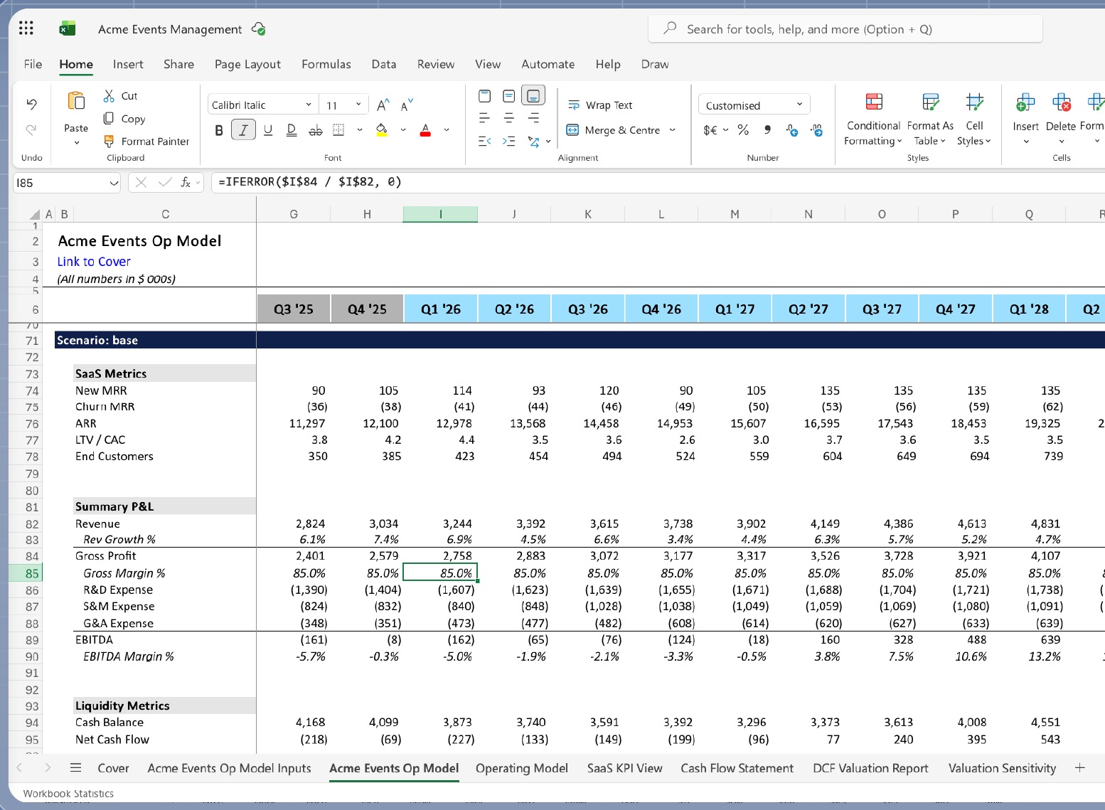 The same model open in Excel, with a real formula visible in the formula bar