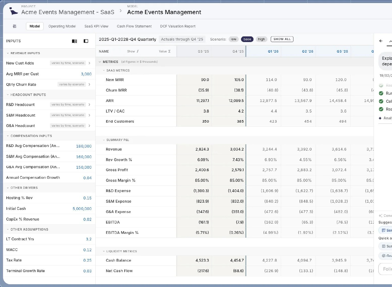The operating model: revenue, headcount and compensation drivers on the left, with SaaS metrics, summary P&L and liquidity metrics computed across quarters